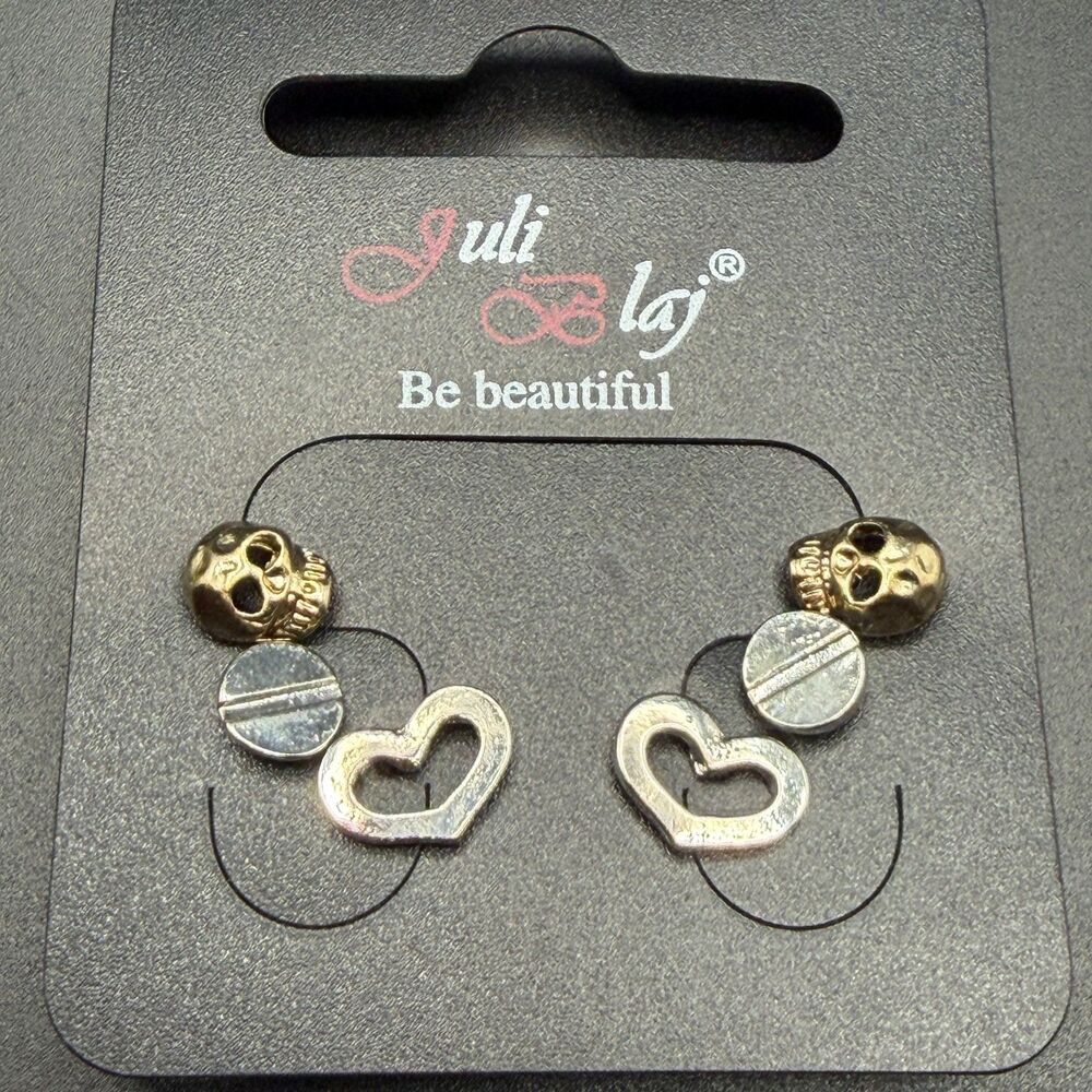 Juli Laj  Stud Skull Heart Screw Earrings Women Silver Gold Alloy Goth 3 Pair